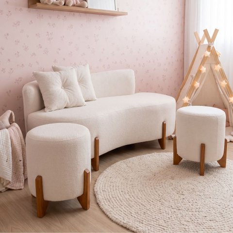 Conjunto Sofá Curvo Orgânico + 02 Puff Luna Boucle Off White - Montanaris Decor