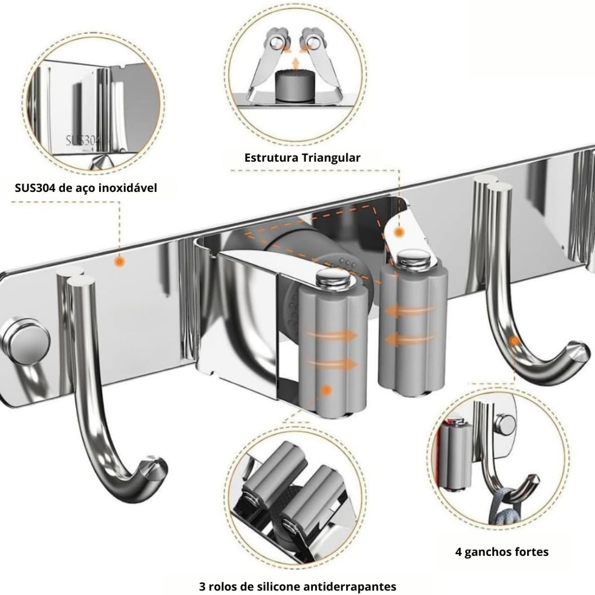 Suporte Inox Multiuso de Parede Gancho para Vassoura Rodo Pá - 3