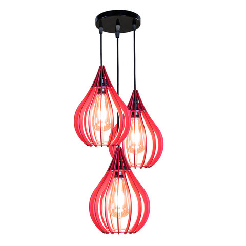 Kit Trio Pendente Chile, Luminária de Teto Cozinha e Sala, Lustre Gota Rústico em Madeira MDF (18x25