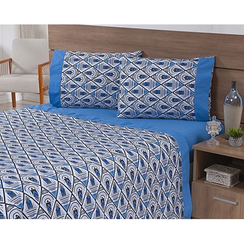 Jogo Lençol 4 Peças Cama Viúva 2,03mx1,20mx35cm 100% Algodão 180 Fios Ponto Palito Losangos Azul