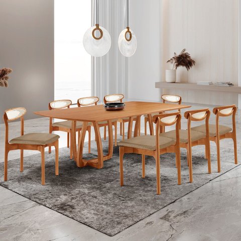 Conjunto Mesa de Jantar Tampo 240cm Barril Laminado Ello e 8 Cadeiras Mônaco Premium Natural Cinamomo/Turim Marrom