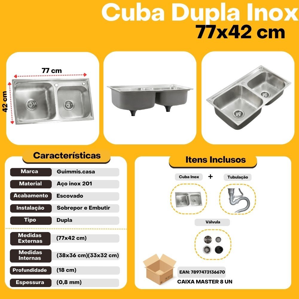 Cuba Dupla Pia Cozinha Gourmet Aço Inox 77x42cm Guimmis.casa - 4