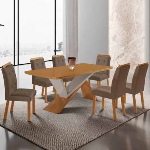 Mesa de Jantar Yasmin 180cm Tampo Mdf com 6 Cadeiras Carol Veludo Capuccino//off White