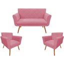 Ver imagem 1 de Kit Namoradeira + 2 Poltronas Decorativa Sabrina Suede Rosa Pés Madeira Mz Decor