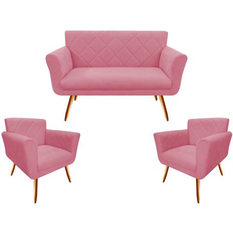 Kit Namoradeira + 2 Poltronas Decorativa Sabrina Suede Rosa Pés Madeira Mz Decor