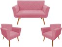 Ver imagem 1 de Kit Namoradeira + 2 Poltronas Decorativa Sabrina Suede Rosa Pés Madeira Mz Decor