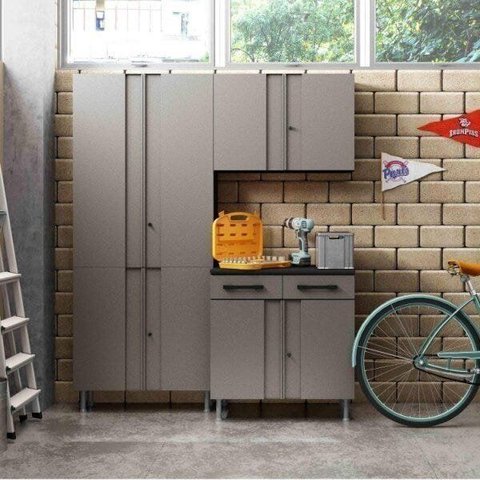 Conjunto 2 Armários Multiuso e Balcão Multibox Cinza