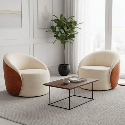 Poltrona Sala Orgânica Kit 2 Lua Giratória Sintético Pu Nozes/bouclê D03 - D'Rossi Cor Bege