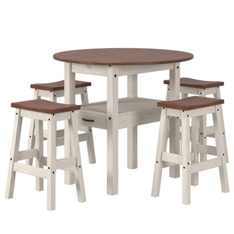 Mesa Redonda com 4 Banquetas em Madeira Maciça Branco Envelhecido