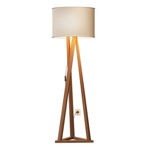 Luminária Tripé Moderna Ibiza Sala Leitura Luxo com Cupula e Pés em Madeira Cor Off White