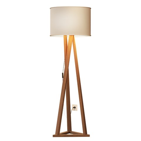 Luminária Tripé Moderna Ibiza Sala Leitura Luxo com Cupula e Pés em Madeira Cor Off White
