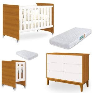 Quarto de Bebê Berço Evolution + Cômoda 6 Gvts + 02 Colchões:savana
