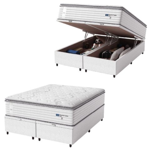 Cama Box Baú Casal Queen Colchão Molas Guarda Costas com Pillow 158x198x81cm Branco Cinza