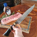 Ver imagem 4 de Faca Aço Damasco 10' Padrão Ladder Artesanal Churrasco Cabo Misto Imbuia Osso Zanline