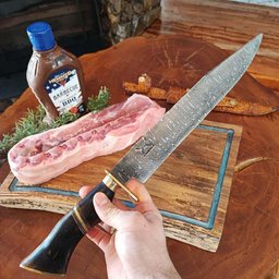 Faca Aço Damasco 10' Padrão Ladder Artesanal Churrasco Cabo Misto Imbuia Osso Zanline - 4