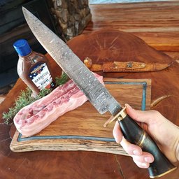 Faca Aço Damasco 10' Padrão Ladder Artesanal Churrasco Cabo Misto Imbuia Osso Zanline - 7