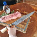 Ver mais imagens de Faca Aço Damasco 10' Padrão Ladder Artesanal Churrasco Cabo Misto Imbuia Osso Zanline