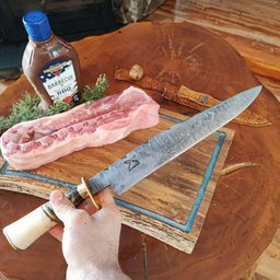 Faca Aço Damasco 10' Padrão Ladder Artesanal Churrasco Cabo Misto Imbuia Osso Zanline - 8