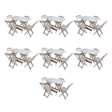 Kit 7 Jogos de Mesa Dobravel com 4 Cadeiras de Madeira 120x70 para Restaurante e Bar- sem Pintura