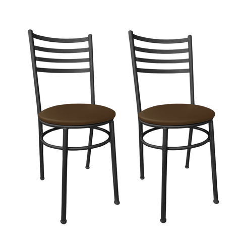 Conjunto 2 Cadeiras Cozinha de Metal Preto e Assento Estofado Marrom