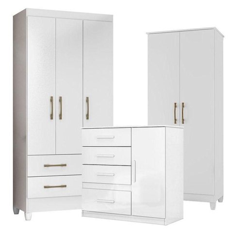 Guarda Roupa Infantil Lima com Cômoda Vênus e Armário Multiuso Jade Branco Brilho – Moval