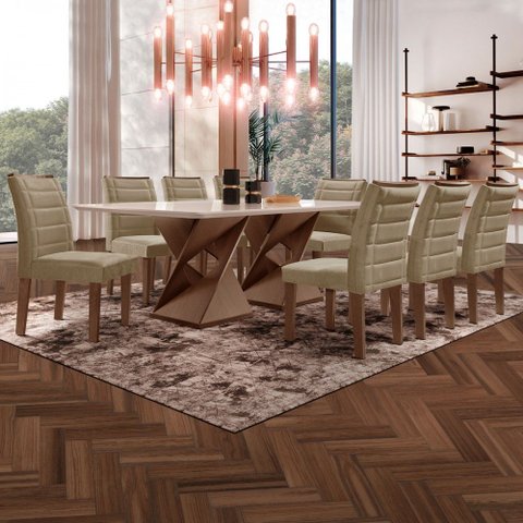 Mesa de Jantar 8 Lugares Genova com Vidro Chocolate/Off White/Marrom Claro - Cel Móveis