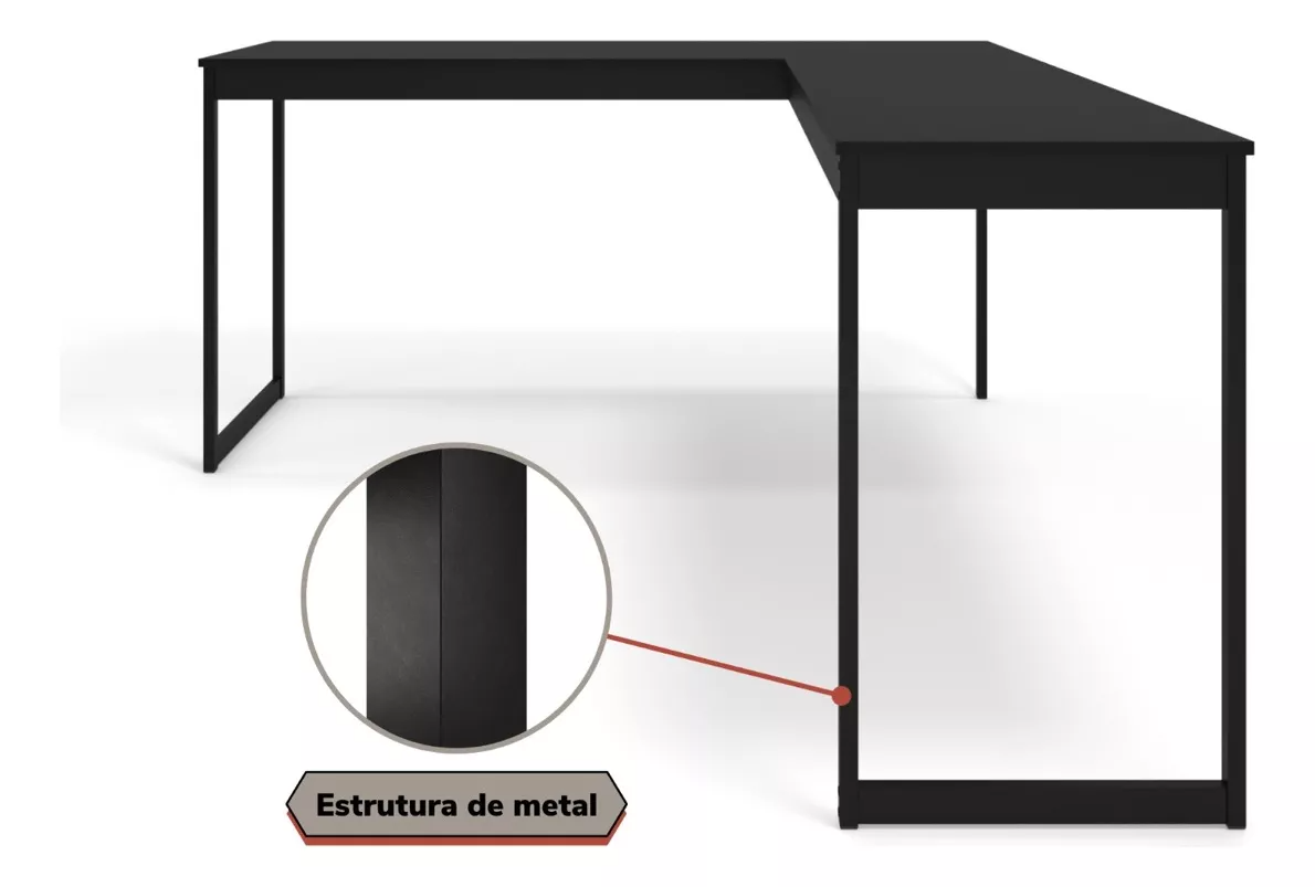 Mesa de Canto em L Escrivaninha Industrial para Escritório Magno Preta Total - 6