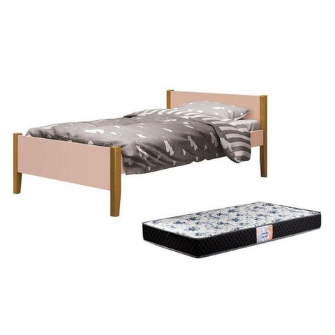 Cama Solteiro Simba com Colchão D33 Pés Amadeirado MDF Rosa Reller Móveis
