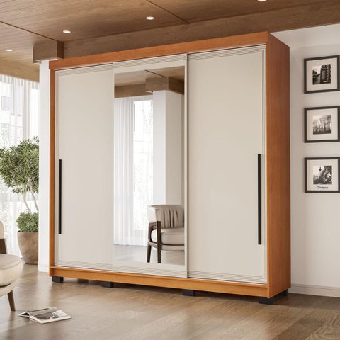 Roupeiro Valência 3 Portas Correr com Espelho 217x213cm Freijó/Creme 240854