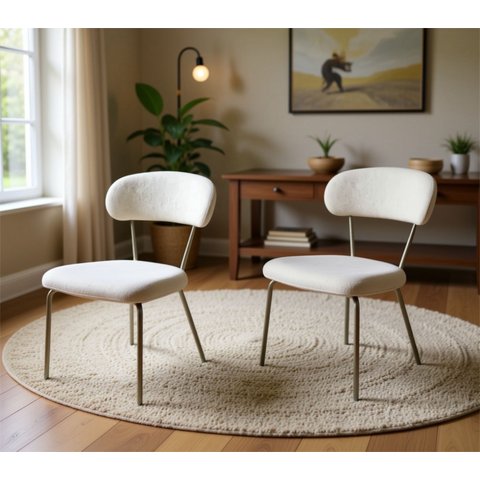 2 Cadeiras de Jantar Pés Champanhe Tecido Bouclé Off White