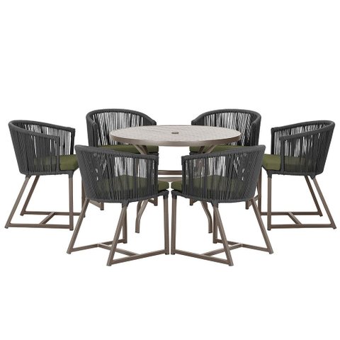 Mesa com 6 Cadeiras de Jantar Roma 120cm e Noronha em Alumínio Marrom Corda Náutica Estofado 13 Tram