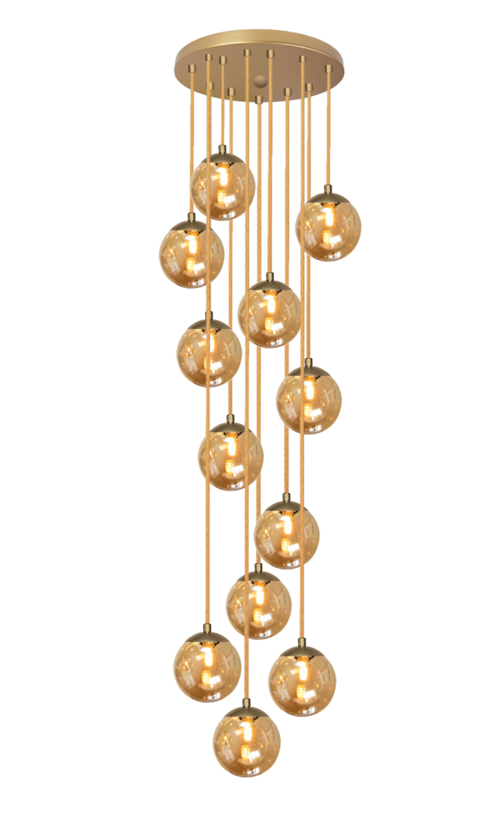 Pendente Moderno Dourado 60cm Pé Direito Alto Sala Escada Arevo Iluminação 82dr12 Vidro Âmbar - 1