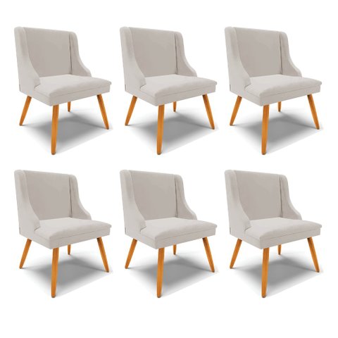Kit 6 Cadeiras Decorativas Sala de Jantar Pés Palito de Madeira Firenze Veludo Cinza/Natural G19 - G
