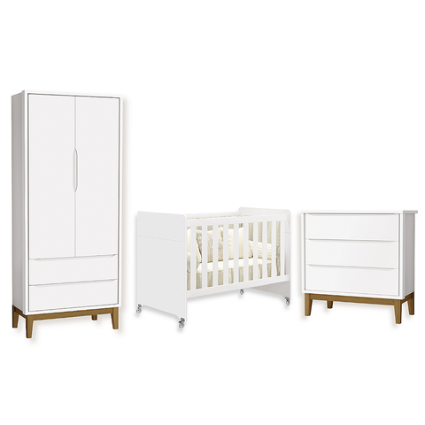 Quarto de Bebê Berço Evolution + Guarda Roupa Classic + Cômoda 3 Gavetas Classic Branco Fosco