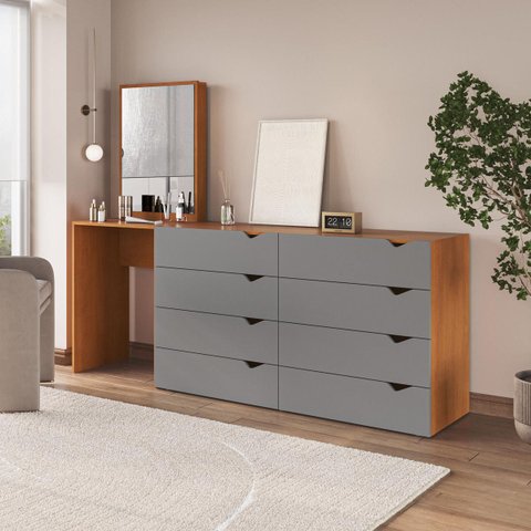 Cômoda Penteadeira Porto 8 Gavetas com Espelho 209x160cm Cinza/Freijó 240891