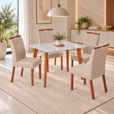 Conjunto Mesa Verona Tampo Off White e 4 Cadeiras Madeira Maciça em Botonê Sop Espresso Móveis