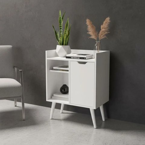 Balcão Aparador Barzinho Multifuncional 60cm com Nichos Organizadores Tecnomóbili Branco