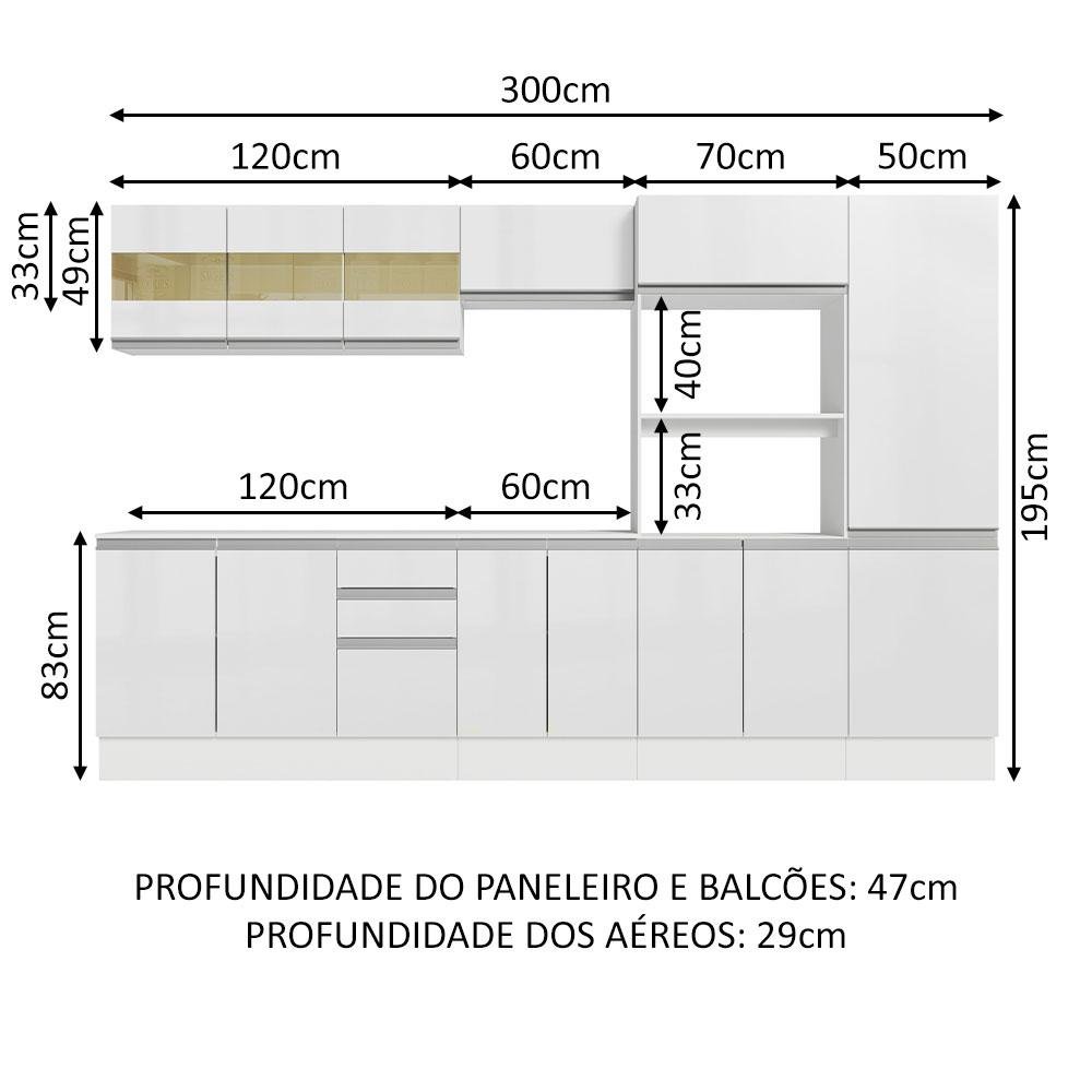 Armário de Cozinha Completa 100% MDF 300cm Frentes Branco Brilho Smart Madesa 02 - 4