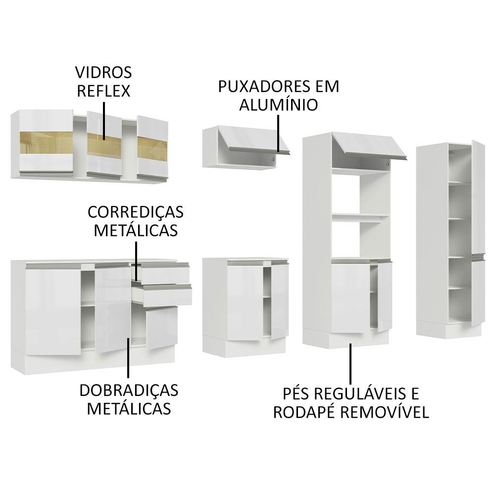 Armário de Cozinha Completa 100% MDF 300cm Frentes Branco Brilho Smart Madesa 02 - 5