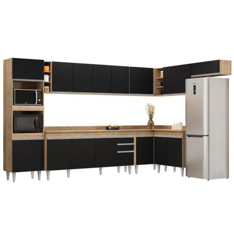 Armário de Cozinha Modulada de Canto 9 Peças CP05 Balcão com Tampo Castanho/Preto - Lumil Lumil Móve