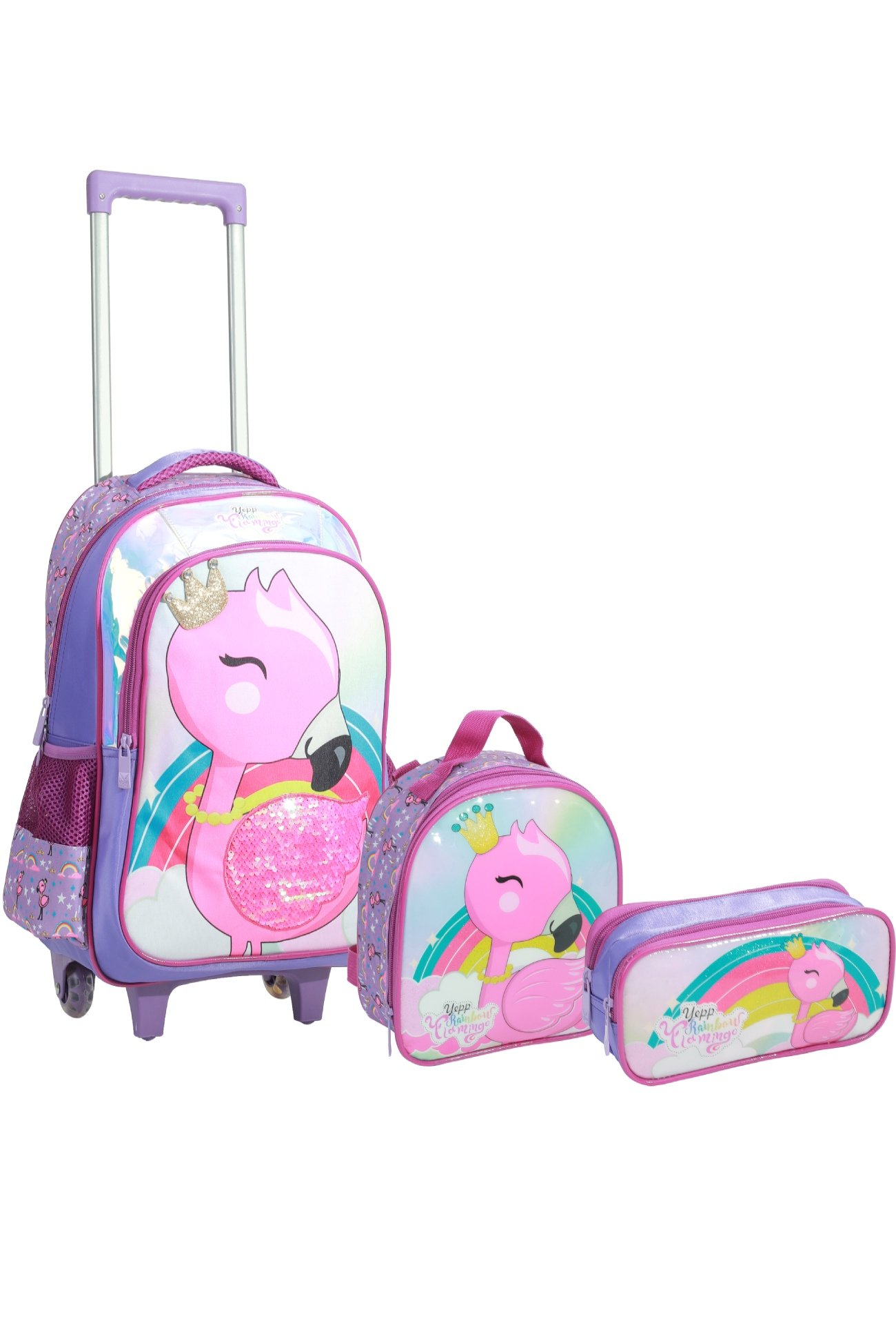 Kit Mochila Rodinhas e Alças + Estojo + Lancheira Flamingo Feminina Poliester + Pvc 16" Yepp Rainbow - 4