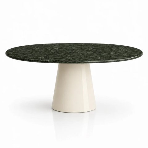 Mesa de Jantar Cone Oval 198x122 cm Tampo Mármore Verde Guatemala Base Laca Off White