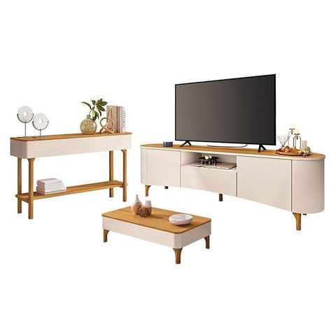 Rack Bancada Elara com Mesa de Centro Liz e Aparador Fiero Off White Cinamomo - Hb Móveis
