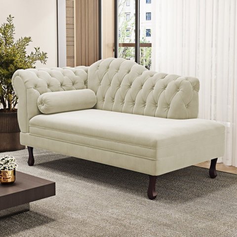 Divã Recamier Chaise Longue Lavínia 150cm Capitonê Pés de Madeira Suede Bege Claro - Desk Design