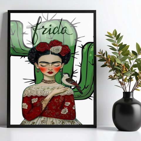 Quadro Frida com Cacto e Passarinho 24x18cm:moldura Preta