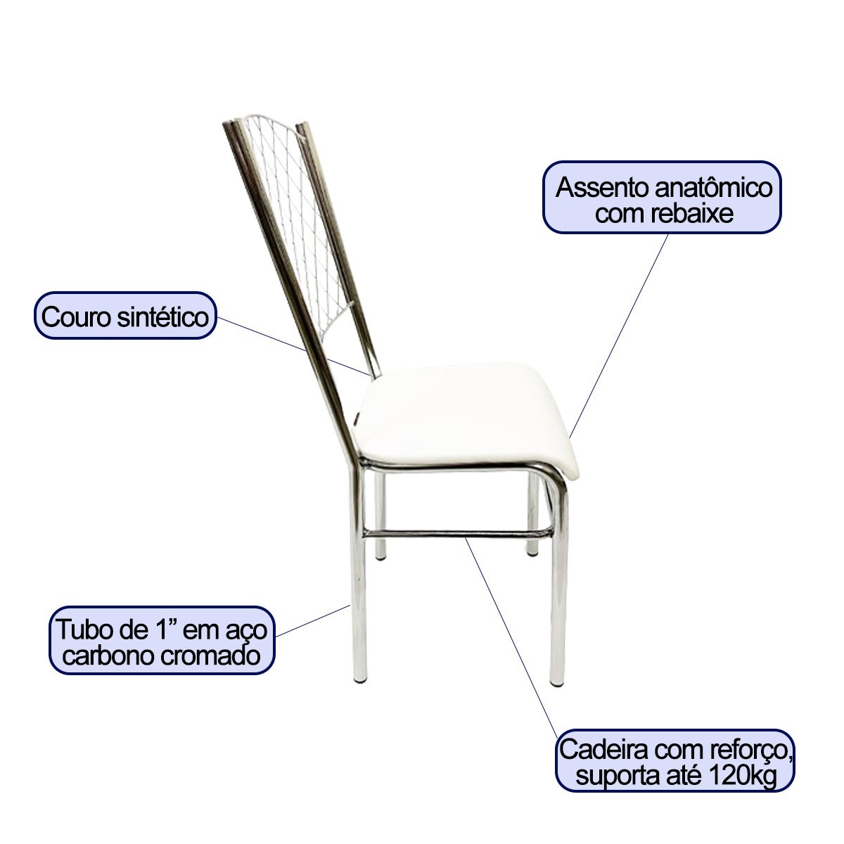 Kit 6 Cadeiras de Cozinha com Reforço Cromada Encosto Grade Assento Branco - Poltronas do Sul - 2