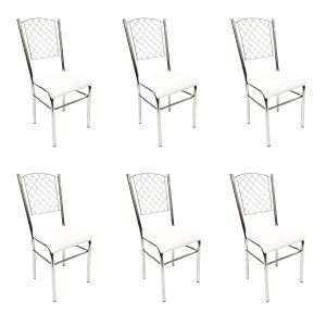 Kit 6 Cadeiras de Cozinha com Reforço Cromada Encosto Grade Assento Branco - Poltronas do Sul