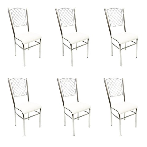 Kit 6 Cadeiras de Cozinha com Reforço Cromada Encosto Grade Assento Branco - Poltronas do Sul