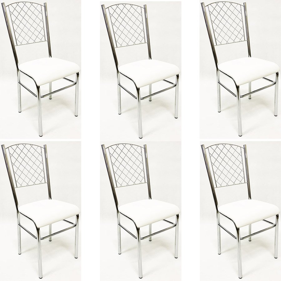 Kit 6 Cadeiras de Cozinha com reforço cromada encosto grade assento branco - Poltronas do Sul - 1