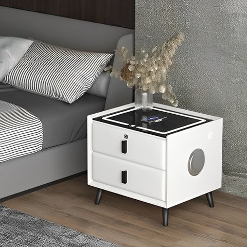 MESA DE CABECEIRA INTELIGENTE BRANCA CRIADO CONEXÃO BLUETOOTH USB CAIXA DE SOM AUDIO MÚSICA AMBIENTE